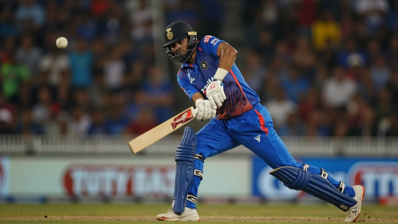 Tight sideline frame of a batter in India colours driving through the off side, the kind of shot Rahane built his 85-Test career on