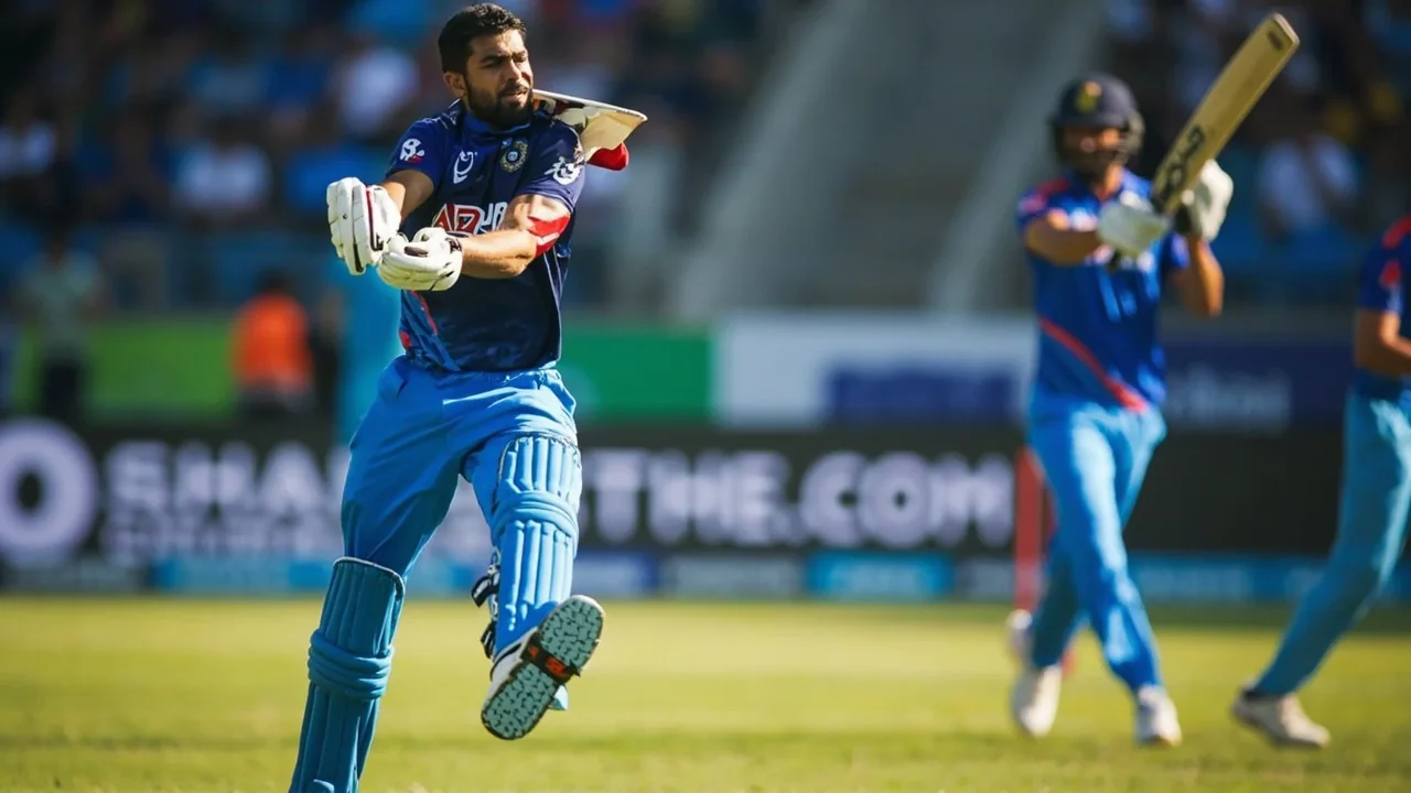 Medium-distance tactical frame showing a captain and senior batter in conversation with bowlers at the end of an over during an India match